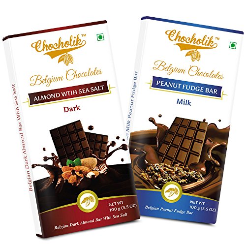 Chocholik Belgium Chocolate - Chocolates Dark Almond Bar With Sea Salt And Milk Peanut Fudge Bar RS.699 (42.00% Off) - Amazon