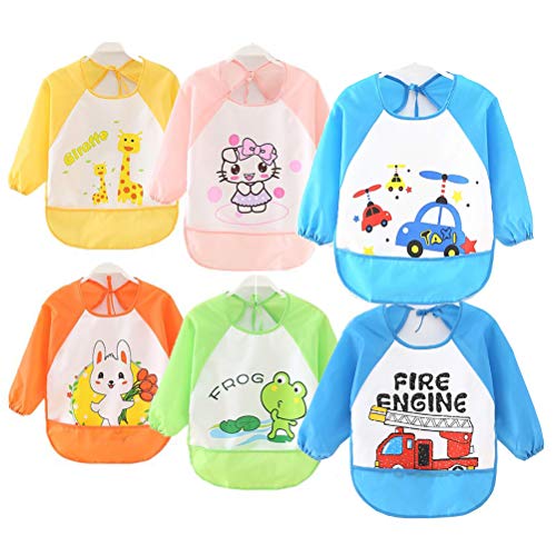 ElecMotive Pack de 6 Impermeable Baberos del Bebé PEVA de Manga Larga,Para Bebé Niños Niñas 0 ~3 años
