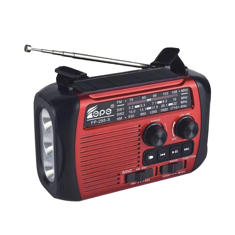 7SEVENÂ® Bluetooth Speaker with Radio FM AM USB MP3 TF Card AUX and Emergency Led Light, Power Source Through Hand Cranked Generator or Solar Panel or DC Input - Powerbank for Mobile (Red)