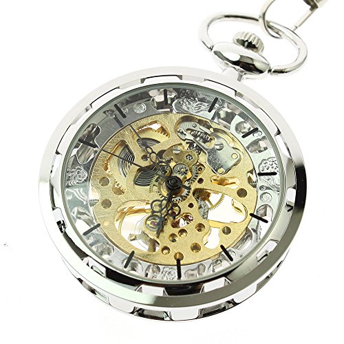 Itemstoday Herren Taschenuhr Antik-Optik Skelett Edelstahl-Gehuse mechanisches Uhrwerk mit Handaufzug