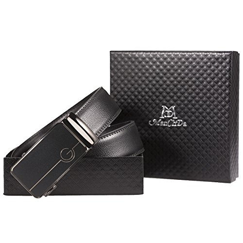 Preisvergleich Produktbild ManChDa Herren schwarzer Ledergürtel mit Mode Acryl Schwarz Automatische Ratsche Gürtelschnalle Business Style 35mm Wide 49 Zoll + Geschenk-Box