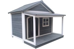 SunnyDogs Hundehütte aus Massivholz | wetterfeste Hundehütten mit Satteldach | isoliertes Hundehaus | Outdoor Hütte mit Vordach, Terrasse & Fenster | B 130 x T 118 x H 108 cm