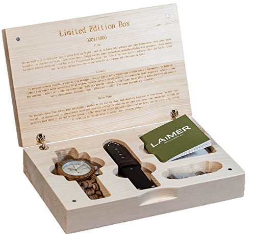 LAiMER Geschenksbox fr Ihn | Holzuhr Chronograph COSMAS mit Lederband von Hirsch und Geldklammer aus Holz | Zebrano | 100% Naturprodukt aus Sdtirol | Limitiert auf 1000 Stck LAiMER Geschenksbox fr Ihn | Holzuhr Chronograph COSMAS mit Lederband von Hirsch und Geldklammer aus Holz | Zebrano | 100% Naturprodukt aus Sdtirol | Limitiert auf 1000 Stck