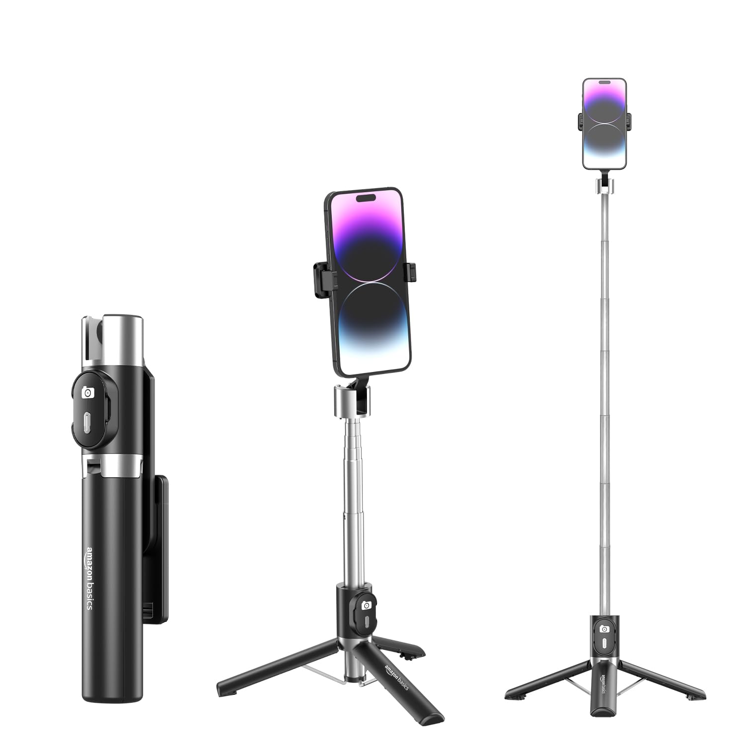 Amazon Basics 100 cm Selfie Stick with Tripod | Bluetooth Remote | Compatible with Most Smartphones | Ideal for Selfies, Makeup, Vlogging and Portrait Shots, Black