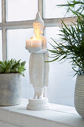 miaVILLA Kerzenhalter Buddha – Teelichthalter aus Polyresin – Weiß – Höhe ca. 37 cm - 4