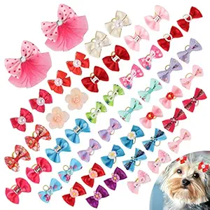 PAWCHIE Dog Bows for Small Dogs Hair - 50 PCS Cute Dog Bows Girl with 100PCS Rubber Bands Rhinestone Colorful Flower Bowtie Clips Mix Colors Pet Puppy Topknot Grooming Bows Accessories