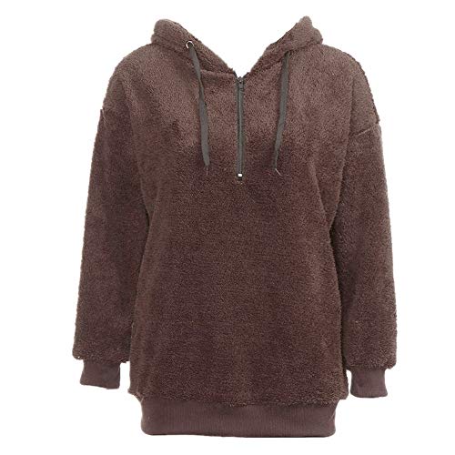 Xmiral Women Fluffy Top Hoodie Ladies Hooded Pullover Zipped Neck Sweatshirt
