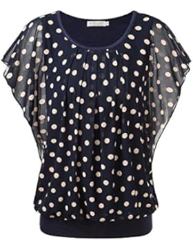 BAISHENGGT Damen Falten Kurzarm Tunika Batwing Rundkragen Bluse