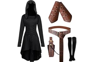 CNVAUIE Damen Mittelalterliches Kapuzenkleid Set Renaissance Kostüm Set mit Armschützern Gürtel Gürteltasche Strümpfe Zubehör