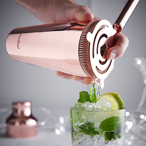 VonShef Premium Kupfer Pariser Cocktail Set mit Rezeptbuch, Edelstahl 550ml Shaker, 9” Gedrehter Barlöffel/ Gabel, Hawthorne -Sieb, 25ml/ 50ml Messbecher & Stößel, Zwei Jahre KOSTENLOSE Gewährleistung - 3
