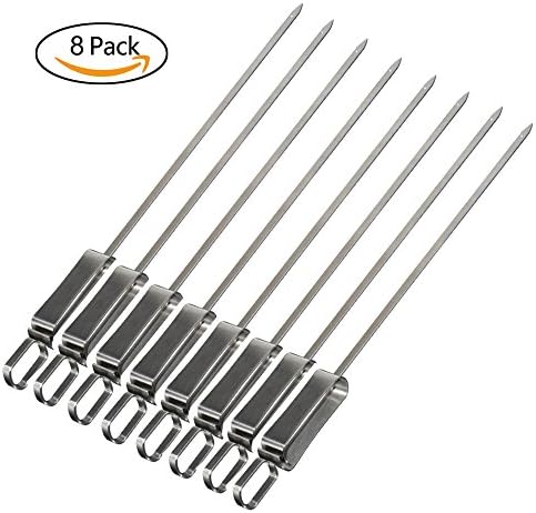 Premium Barbecue Skewers, Top Barbecue Grilling Accessories, Reusable Metal with Food Remover Disc for Grill Kebabs and Brazilian BBQ on Gas and Charcoal Grills, Set of 8 Stainless Steel Shish Kabob Sticks