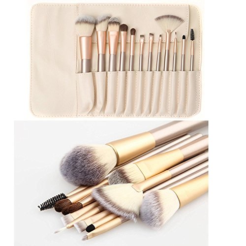 Anne Make-up Pinselset, professionelles Make-up-Set, Holzgriff, Grundierungs-/Effilier-/Rouge-/Concealer-/Augen-/Gesichts-/Flüssigpuder-/Kosemtik-/Lippenpinsel, 12-teilig, cremefarbene Tasche - 5