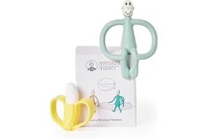 Matchstick Monkey, Antimicrobial Teething Gift Set - 1 Banana Shaped Soother and 1 Animal Teether, 3 Months Old+, Banana & Monkey