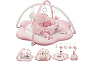 Suihuooo 3-in-1 Baby Spielmatte mit Sitzhilfe – Blumenförmige Krabbelmatte & Baby Gym mit 5 Abnehmbaren Spielzeugen – Spielcenter für Babys von 0–12 Monaten,Rosé