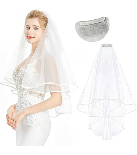 Unsutuo Velo Da Sposa A 2 Livelli In Raso Avorio – Corto, Lunghezza Punta Delle Dita, Con Bordo In Nastrino, Per Matrimoni Semplici Ed Eleganti - 3