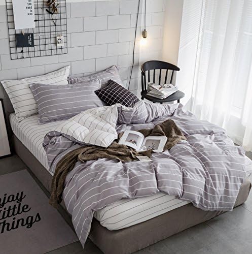 ZHIMIAN Bedding Reversible 3 Piece Striped Print Duvet Cover Set with Zipper Closure(1 Duvet Cover + 2 Pillow Shams)(King,Lightgrey With White)