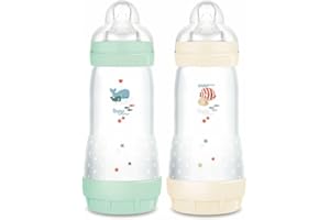 MAM - Zestaw 2 butelek dla niemowląt Easy Start Anti-Colique 4+ miesięcy szybkiego przepływu (2 x 320 ml), mięta + bawełna - Butelka zmniejszająca kolkę i dyskomfort dziecka - Butelka dla niemowląt