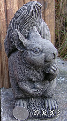 Bushy Tailed Squirrel with Nuts GREY, Stone Garden Ornament. Hand Mixed, Cast, Coloured and Finished by Bekki Garvin.13 x 7 x 17 cms, 1.4 kilos