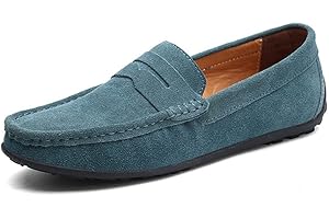MUYIN Driving Moccasins for Men Genuine Leather Round Toe Stitching Details Suede Vamp Rubber Sole Penny Loafer Lightweight Resistant Flexible Anti-Slip