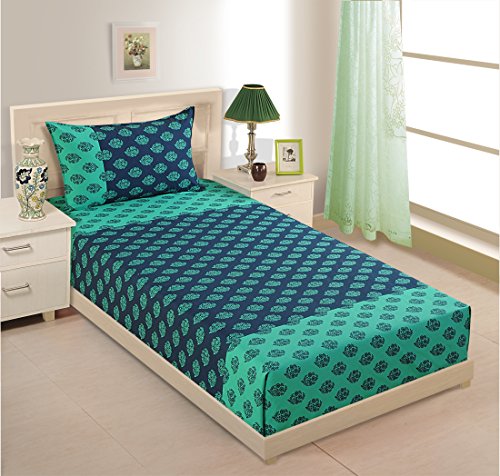 Swayam Shades of Paradise Collection Premium Cotton 200 TC Floral Print Cotton Single Bed Sheet with 1 Pillow Cover - Turquoise/Blue/Grey