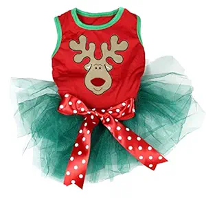 Petitebella Reindeer Face Puppy Dog Dress (Red/Teal Green, Medium)