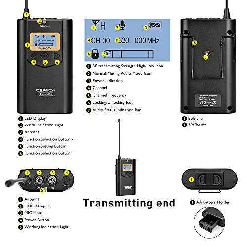 Comica CVM-WM100 48 UHF Canali Professional Omnidirezionale Wireless Lavalier Microfono per Canon 5D II / 5D III, Canon 6D, Panasonic GH5 / GH4, Videocamera, Smartphone (Gamma 328 piedi)