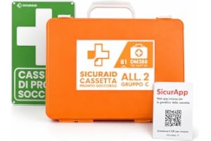 SICURAID Cassetta Pronto Soccorso Aziendale Allegato 2 DM 388/2003 CE MDR con Web App SicurApp | Kit Medico Certificato | Valigetta Arancio con Cartello per Aziende fino a 2 Dipendenti – Gruppo C