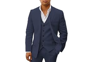 HUUTOE Costume 3 pièces en lin pour homme, coupe ajustée, smoking avec blazer, pantalon et gilet, pour mariage, été, plage, bal, loisirs, garçon d'honneur