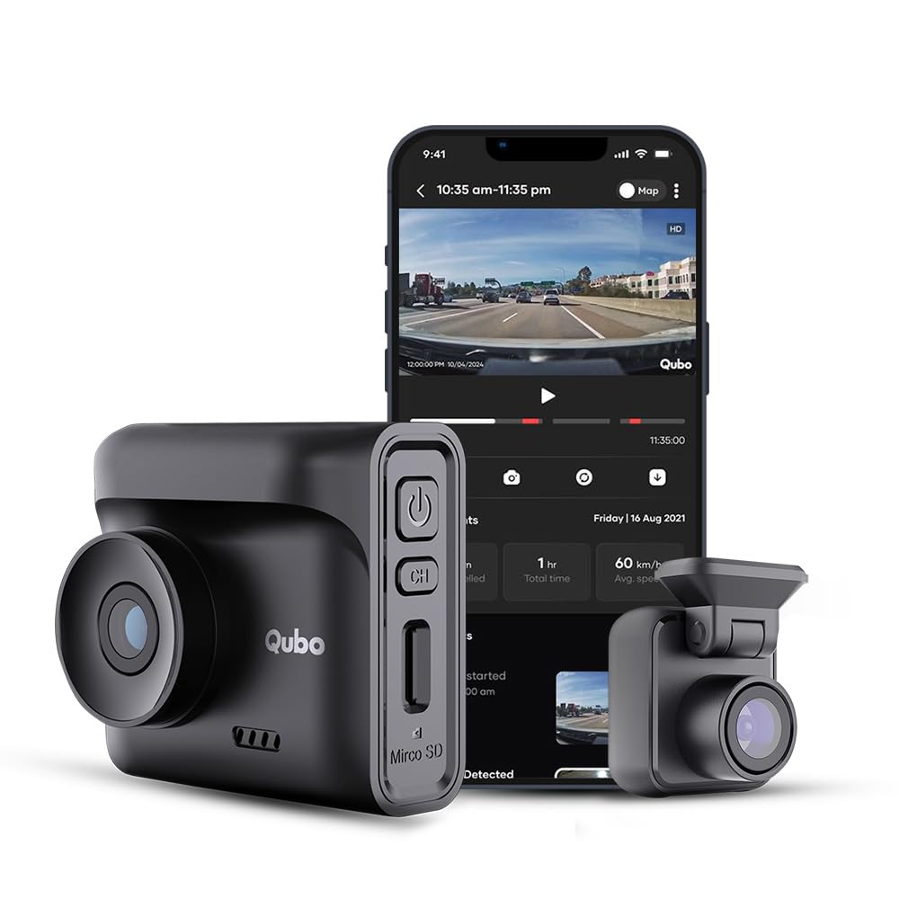 Qubo (New Launch) Car Dash Cam Pro 2.7K by Hero Group, HDR Dual Channel, Made in India, 2.7K 5MP Front QHD+ 2MP Rear FHD, 140° View, 2" LCD Display, GPS Log, Supports Up to 1 TB SD Card