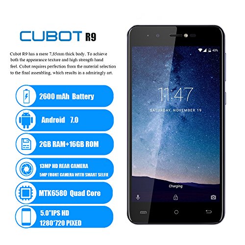CUBOT R9 Smartphone Android 7.0 Unlocked 3G Telefono Cellulare,5.0 Pollici HD IPS Display,MT6580,Quad-Core 1.3GHz,2GB RAM+16GB ROM, Fotocamera Principale Doppia 13M/5MP,Dual SIM WiFi GPS Bluetooth Fingerprint Scanner Cellulare Smartphone in Offerta (blu)
