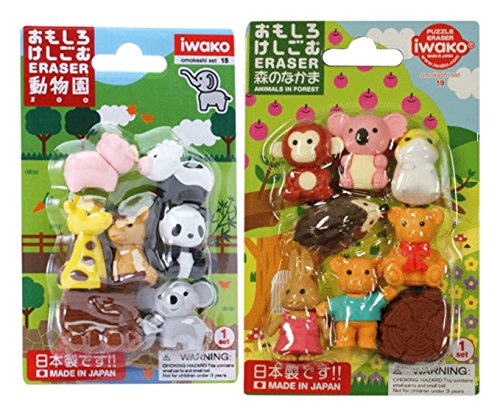 Iwako Japanese Erasers / Zoo Animals , Cute Animals, Safari Animals / Total 18 animals & 3 Parts Erasers Value Set(With Our Shop Original Product Description) by Iwako