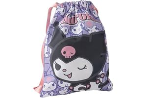 Kuromi Hello Kitty flicka skolväska - lila barnväska med dragsko och hängslen, 27 x 33 cm, 100% polyester, officiell licens