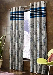 JBG HOME STORE Heavy Jute Tree Printed Curtains 5Ft - Room Darkening Curtain Panels for Home & Office Window - Decorative Curtains for Kids Bedroom Living Room ,4 x 5 Feet, Set of 2 Pcs, Blue