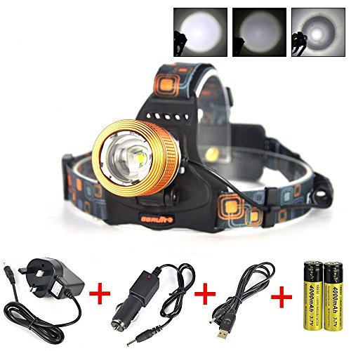 Boruit LED Stirnlampe Kopflampe LED-Hauptfackel, XM-L T6 2000 Lumen-LED-Scheinwerfer wasserdichte Zoomable nachladbares Scheinwerfer-Taschenlampen-Kopf-Lampen-Licht für das kampierende fischende das Radfahren laufende wandernde Jagd-kletternde Sicherheits-Licht