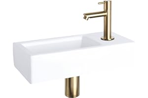 ‎DIFFERNZ Differnz Helios Waschbecken klein, Handwaschbecken Keramik Weiß, Gold Armaturen Wasserhahn Rechts, Waschtisch, Kaltwasserhahn - 37.5 x 18 x 9.5 cm