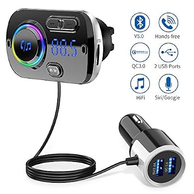 GRDE Transmetteur FM Bluetooth 5.0 Adaptateur Radio sans Fil Kit de Voiture Mains Libres, QC3.0 et 5V/2.4A Chargeur Rapid Voiture 2 Ports USB Lumière Colorée Support Siri TF Card Port Audio 3,5mm