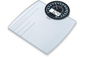 Beurer GS 58 pèse-personne en verre, balance avec écran rond de cockpit, double affichage analogique et numérique, fonction mémoire, rrêt automatique