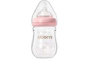 Oberni Anti-Colic Glass Baby Bottles with Slow Flow Breast-Like Silicone Teat, 150ml, 0+ Months, Wide-Neck, Pink/1Pack
