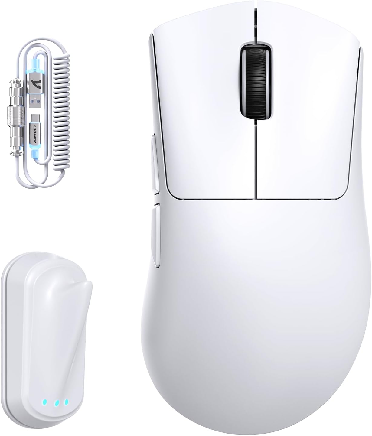 ATTACK SHARK V8 Ratón de Juego Inalámbrico con Cable Espiral LED, Nordic 54L15 Chip, PAW3950MAX, 42000DPI, Dual 8000Hz, 59g Ligero, Diseño Dongle Aleta de Tiburón, 2.4Ghz/BT/Cableado para PC, Blanco