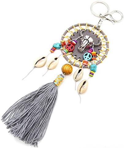 pt1109d – Keyring/Bag Charm – Felt Circle Buffalo Metal Braided Wire, Shells and Pompom Grey – Fashion Jewellery