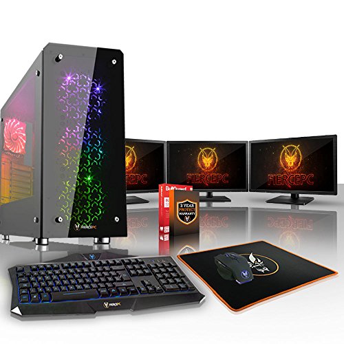 Fierce CHEETAH Gaming PC Bundeln - Schnell 4 x 4.5GHz Quad Core Intel Core i7 7700K, 120 mm All-In-One Flüssigkühler, 1TB Solid State Hybrid Drive, 8GB von 2133MHz DDR4 RAM-Speicher, AMD Radeon RX 580 8GB, HDMI, USB3, Wi-Fi, VR Bereit, Perfekt für High-End-Spiele, Windows nicht Enthalten - Tastatur (VK/QWERTY) / Maus / 3x 24-Zoll-Monitore, 3 Jahre Garantie (501310)