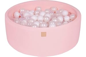 MEOWBABY Piscine À Balles pour Bébé - Rond 90x30cm Piscine a Balle pour Enfant avec 200 Balle, Coton, Rose Clair: Blanc/Transparent/Blanc Perle