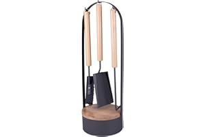 raik Kaminbesteck Magnus 4-teilig aus Stahl und Holz anthrazit 61 cm mit Schürhaken, Kaminschaufel, Kaminbesen und Vorratsbox für Anzünder modernes Design für Kaminofen oder Kamineinsatz