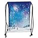 Produktbild Drawstring Backpacks Bags,Night Sky,Christmas Themed Abstract Snow Winter Scenery Pine Trees Decorative,Light Blue and Dark Blue Purple Soft Satin,5 Liter Capacity,Adjustable Strin
