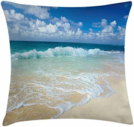 Wave Throw Pillow Cushion Cover Beach with Foamy Waves on Empty Sea Shore Holiday Theme Serene Coastal Decorative Square Accent Pillow Case 18 X 18 Inches