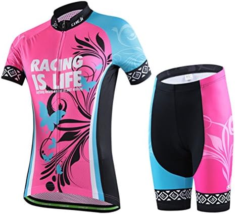 AiQi Women's Short Sleeve Cycling Jersey/Bicycle Top and 3D Padded Shorts Set(Pink, S)