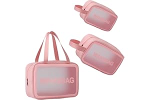 JUINGIO Beauty Case da Viaggio, 3 sacchetti trasparenti per aeroplano, Beauty case per valigia, Beauty case per il trasporto di liquidi, Borsa per WC trasparente donna e uomo（ROSA）