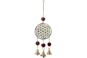 ZEN ET ETHNIQUE Carillon à Vent Fleur de Vie + Cloches et Graines de Rudraksha, hauteur 27cms