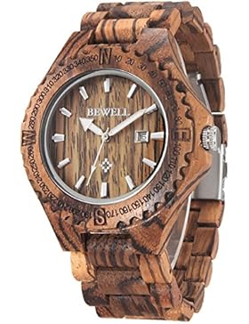 Alienwork Quarz Armbanduhr massive Naturholz Uhr Herren Uhren handgefertigt modisch Zebraholz Holz braun UM023A-02