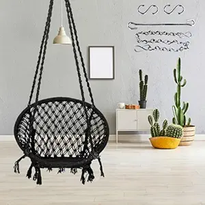 Swingzy Make in India, Cotton Hanging Swing for Adults 100% Cotton Rope Swing for Indoor, Outdoor,Wooden Swing with Chain/Home 100 Kg Capacity, Hanging Accessories Free(Swing with Chain, Colour-Black)